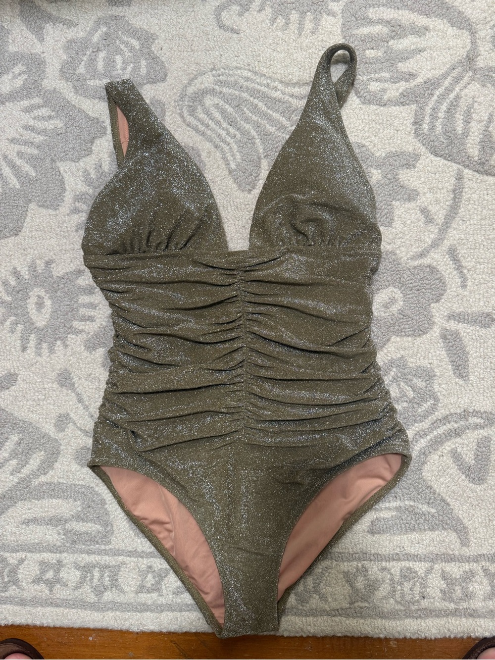 J. Crew Olive Gold Sparkle Ruched One-Piece Swimsuit
